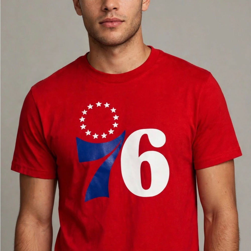 Custom Red Short-Sleeve Tee with Blue and White '76' Graphic
